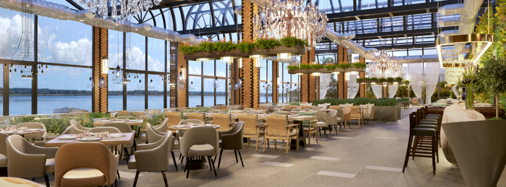 zdjęcie wewnątrz restauracji w widokiem na jezioro